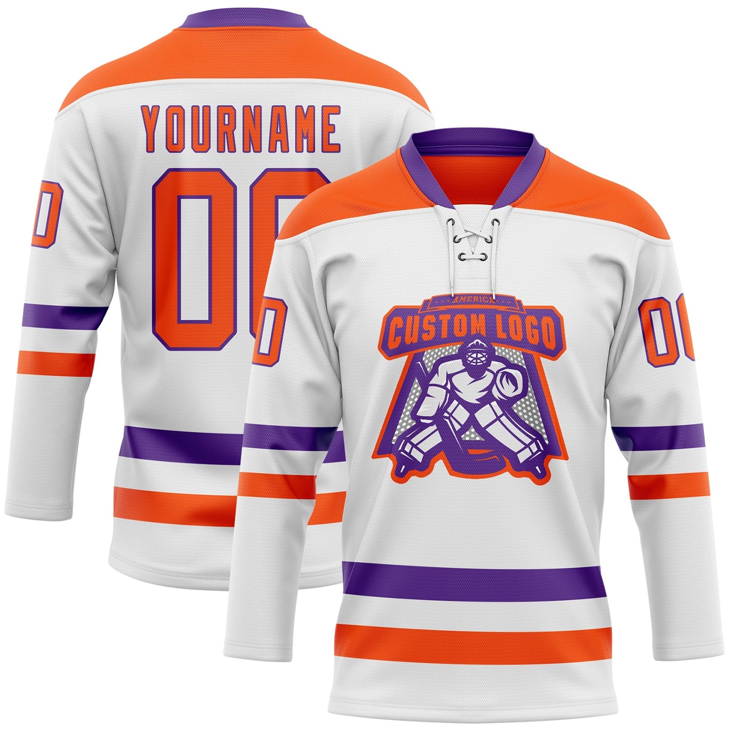 Custom White Orange-Purple Hockey Lace Neck Jersey view 2