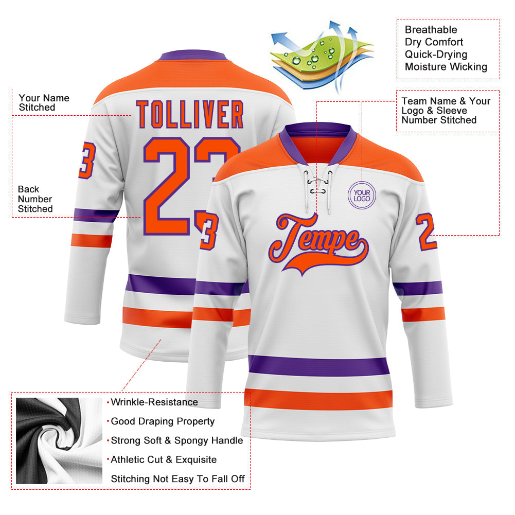 Custom White Orange-Purple Hockey Lace Neck Jersey view 3
