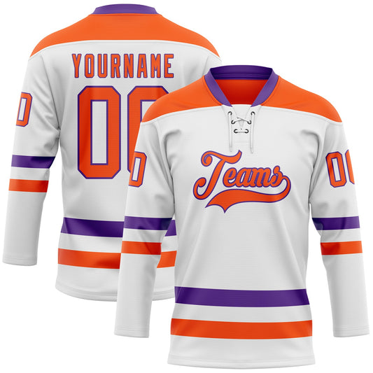 Custom White Orange-Purple Hockey Lace Neck Jersey - Main View