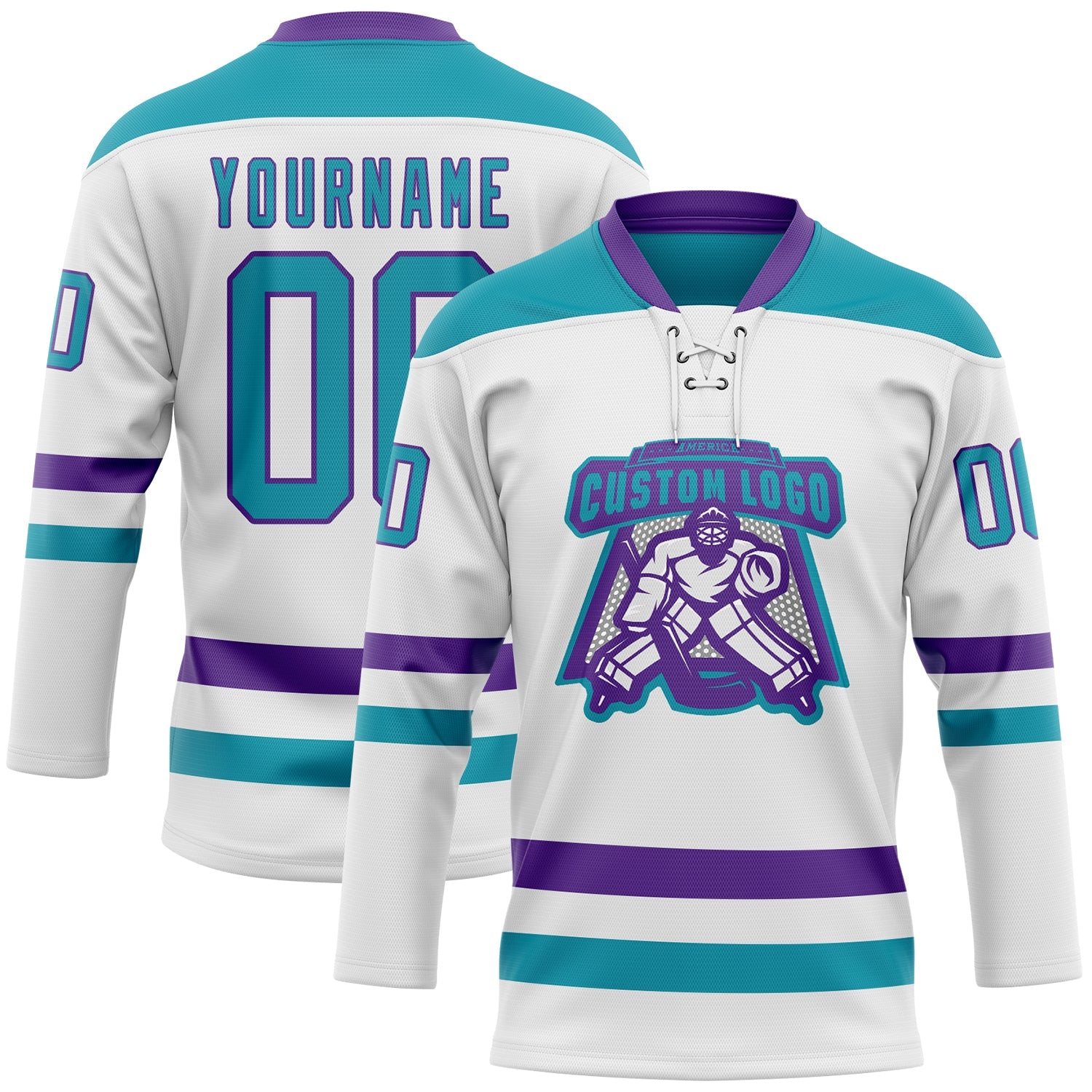 Custom White Teal-Purple Hockey Lace Neck Jersey view 2