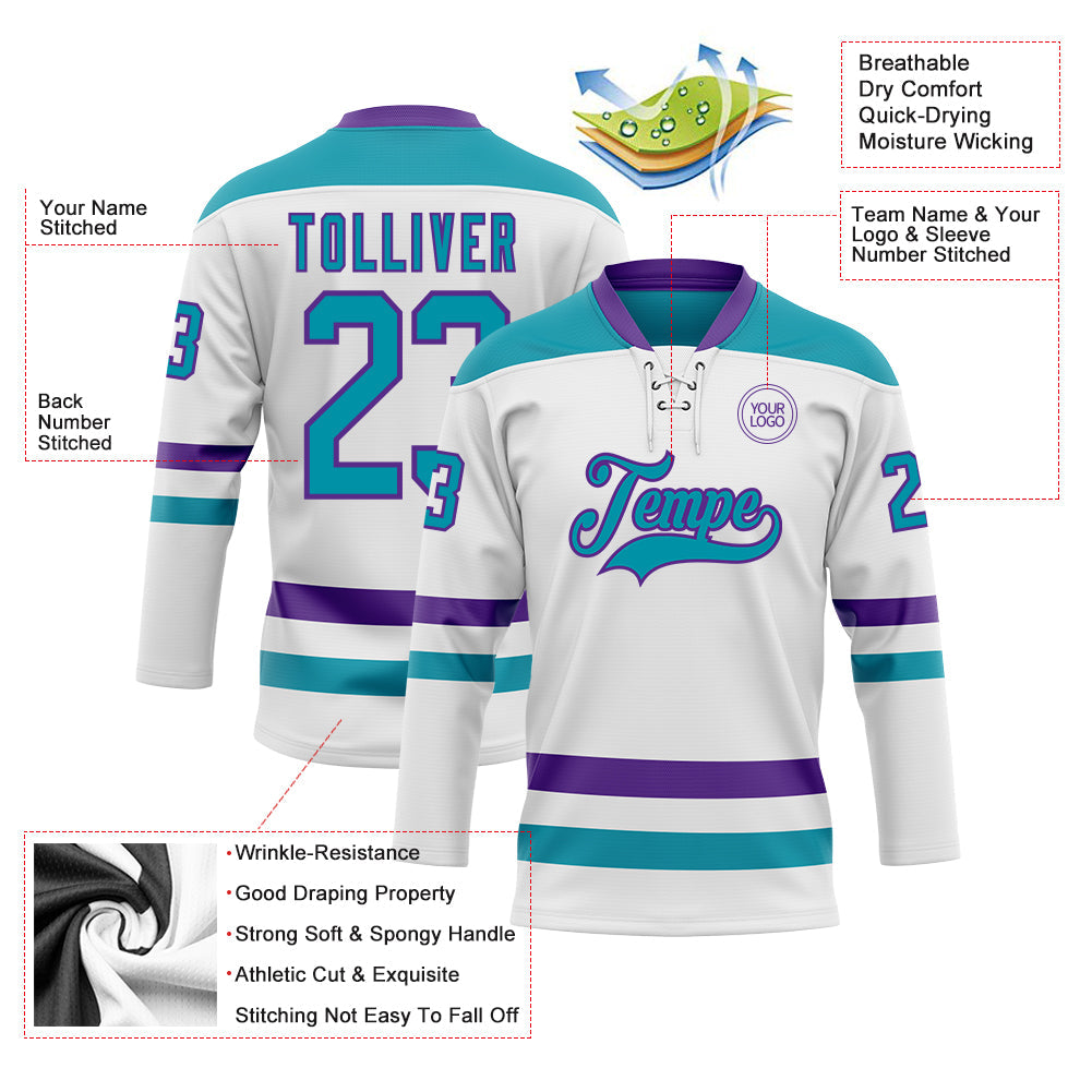 Custom White Teal-Purple Hockey Lace Neck Jersey view 3