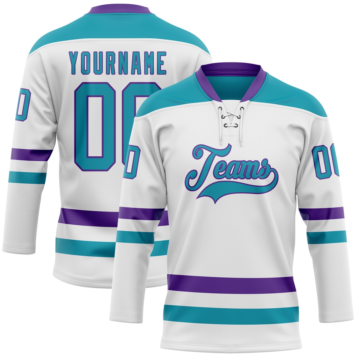 Custom White Teal-Purple Hockey Lace Neck Jersey - Main View