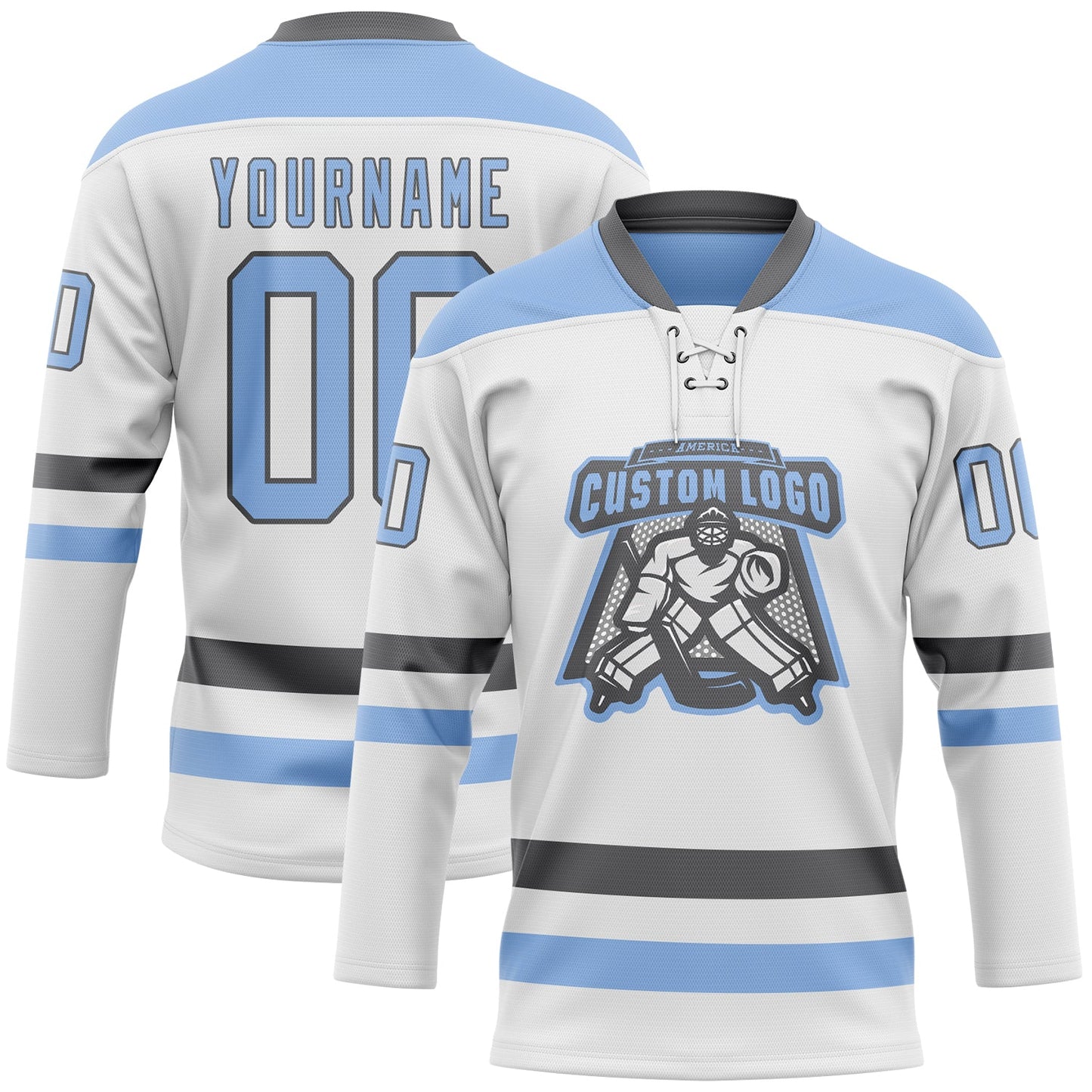 Custom White Light Blue-Steel Gray Hockey Lace Neck Jersey view 2