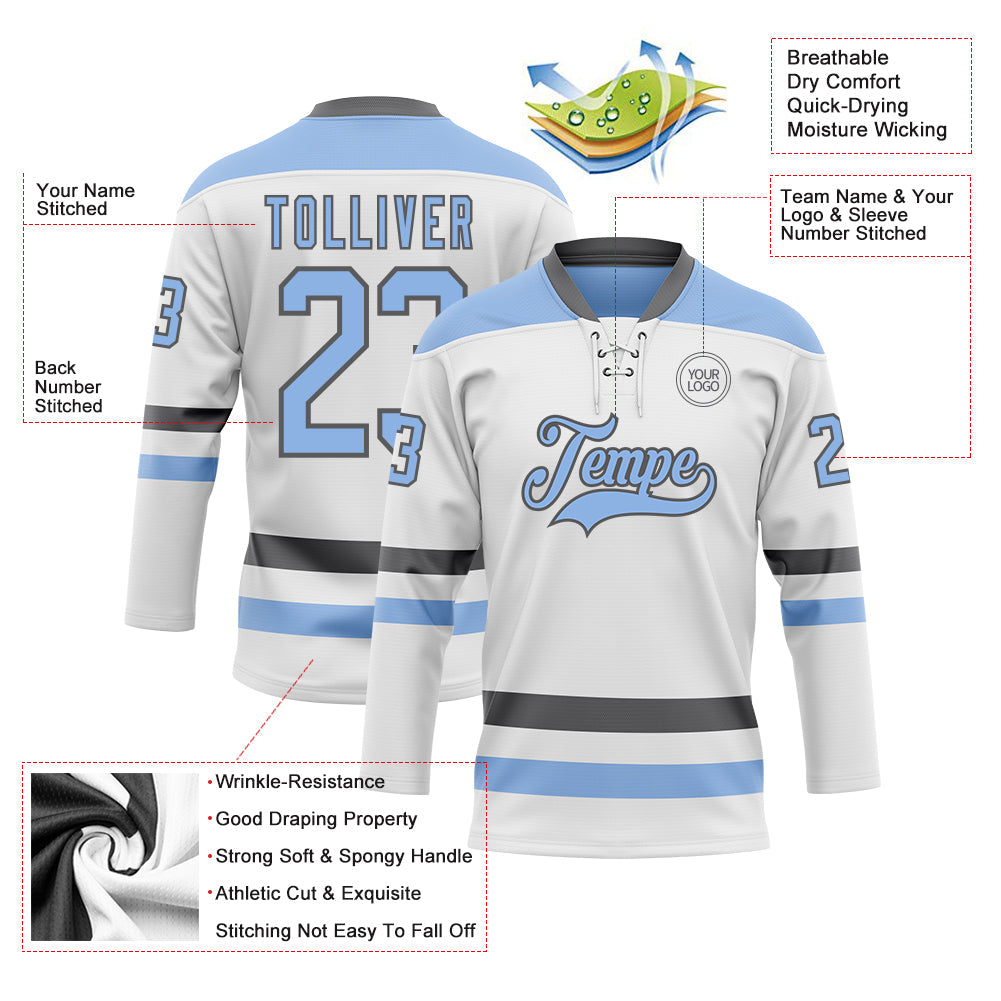 Custom White Light Blue-Steel Gray Hockey Lace Neck Jersey view 3