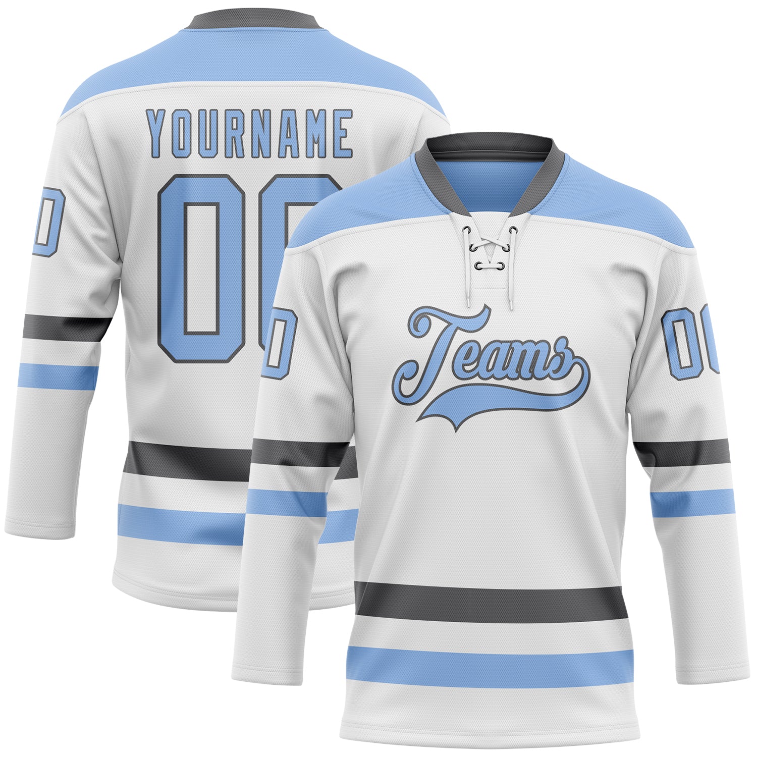 Custom White Light Blue-Steel Gray Hockey Lace Neck Jersey - Main View