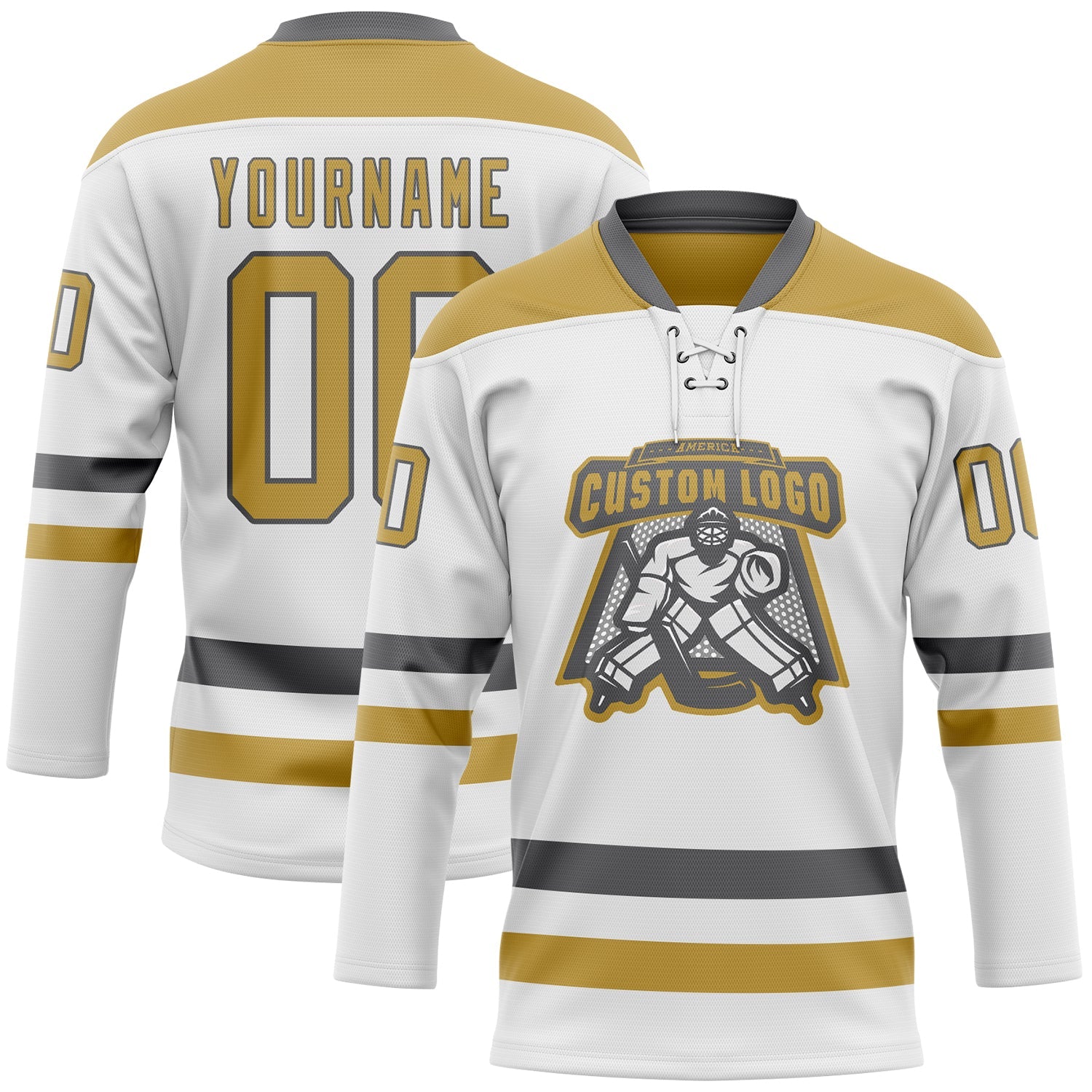 Custom White Old Gold-Steel Gray Hockey Lace Neck Jersey view 2