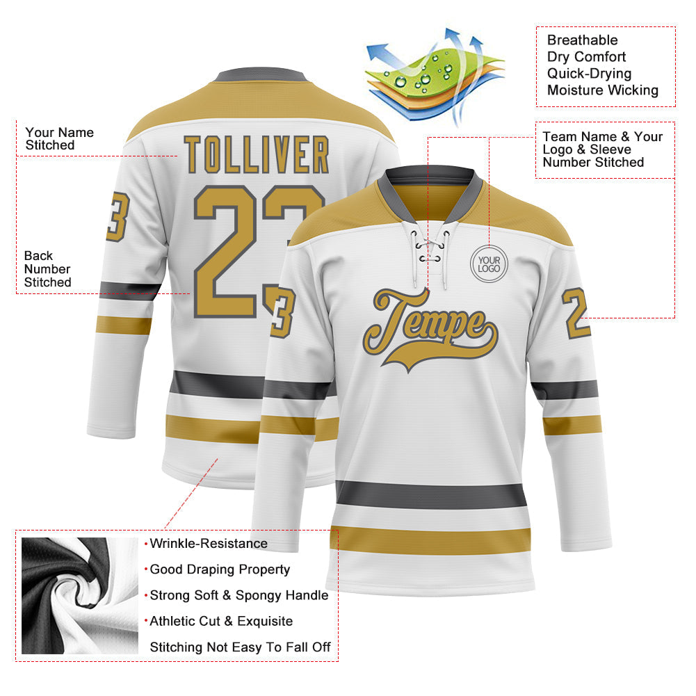 Custom White Old Gold-Steel Gray Hockey Lace Neck Jersey view 3