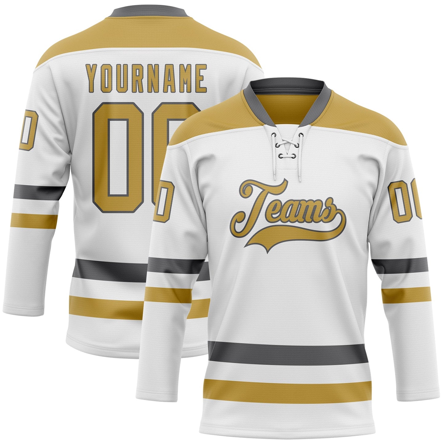 Custom White Old Gold-Steel Gray Hockey Lace Neck Jersey - Main View