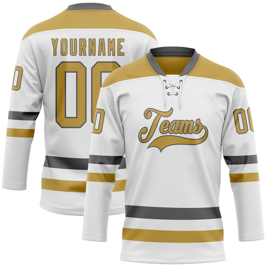 Custom White Old Gold-Steel Gray Hockey Lace Neck Jersey - Main View
