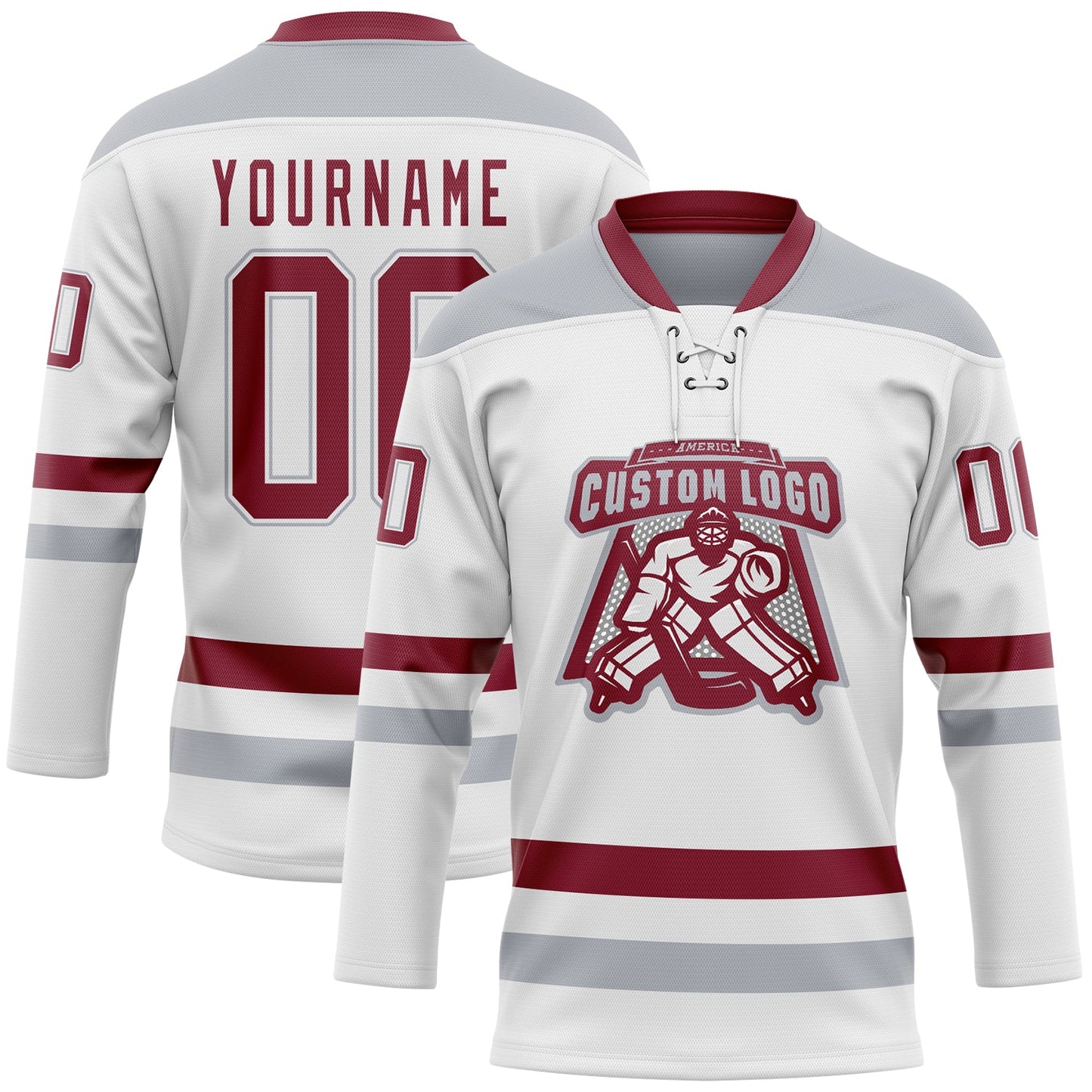 Custom White Crimson-Gray Hockey Lace Neck Jersey view 2