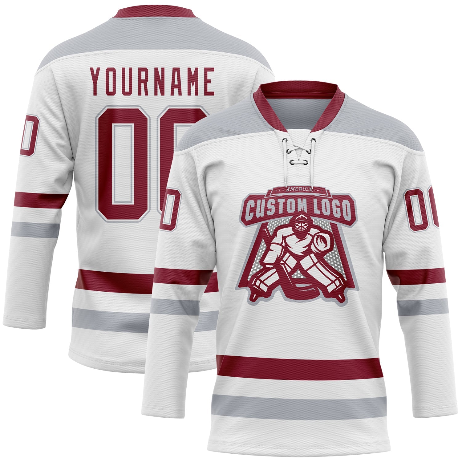 Custom White Crimson-Gray Hockey Lace Neck Jersey view 2