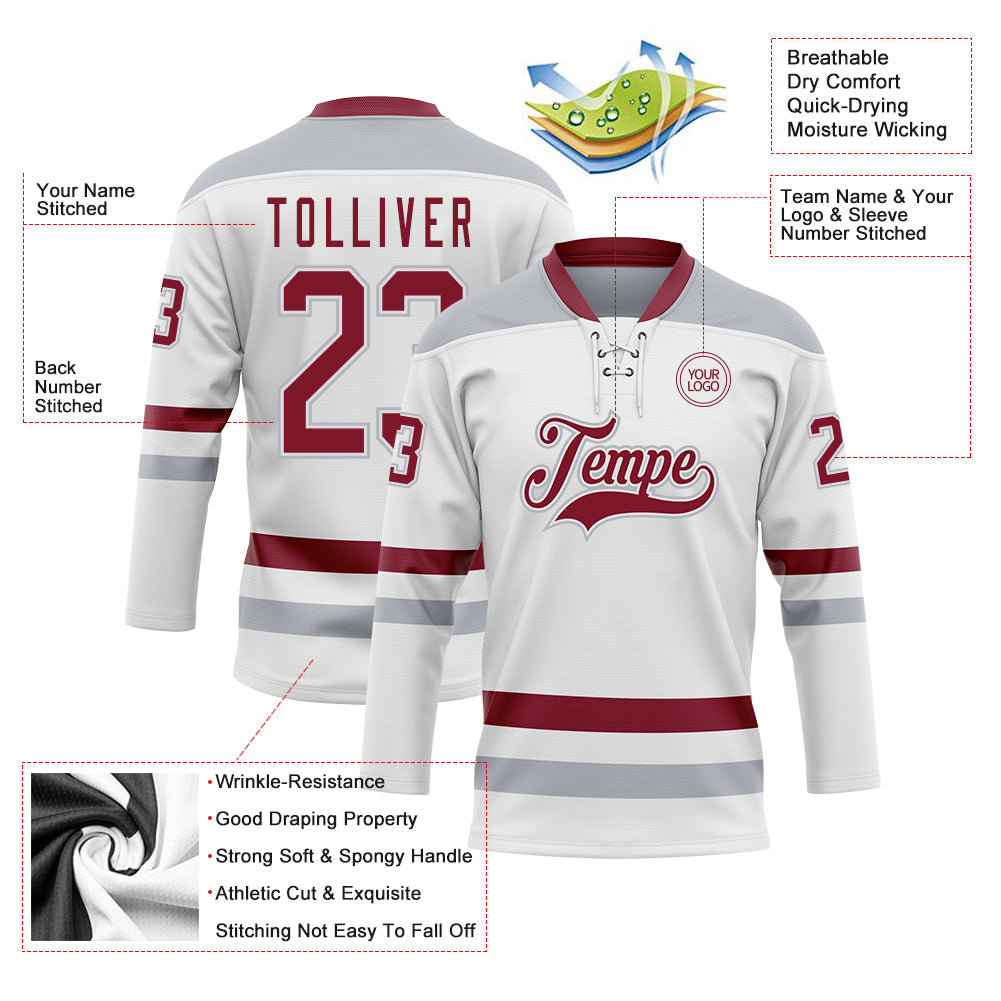 Custom White Crimson-Gray Hockey Lace Neck Jersey view 3