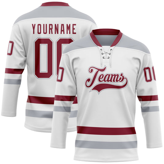 Custom White Crimson-Gray Hockey Lace Neck Jersey - Main View