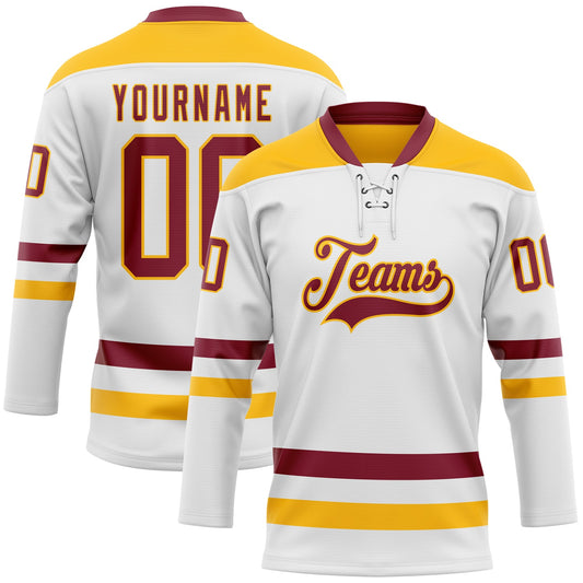 Custom White Crimson-Gold Hockey Lace Neck Jersey - Main View