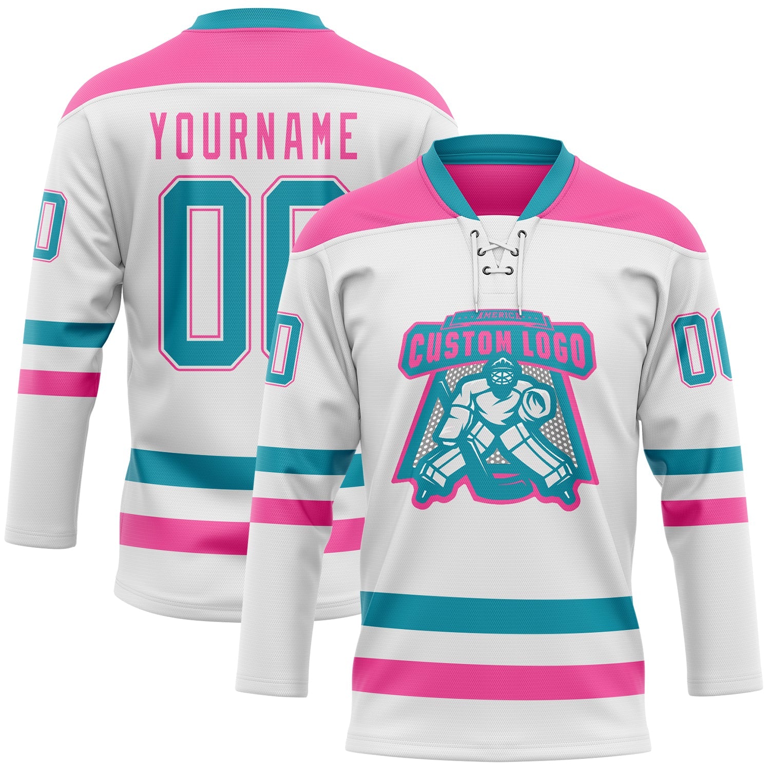 Custom White Teal-Pink Hockey Lace Neck Jersey view 2