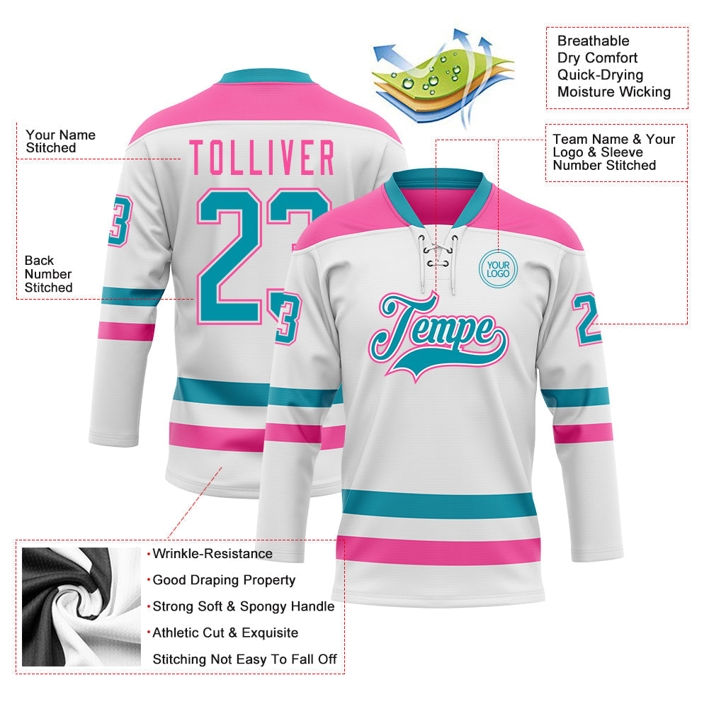 Custom White Teal-Pink Hockey Lace Neck Jersey view 3