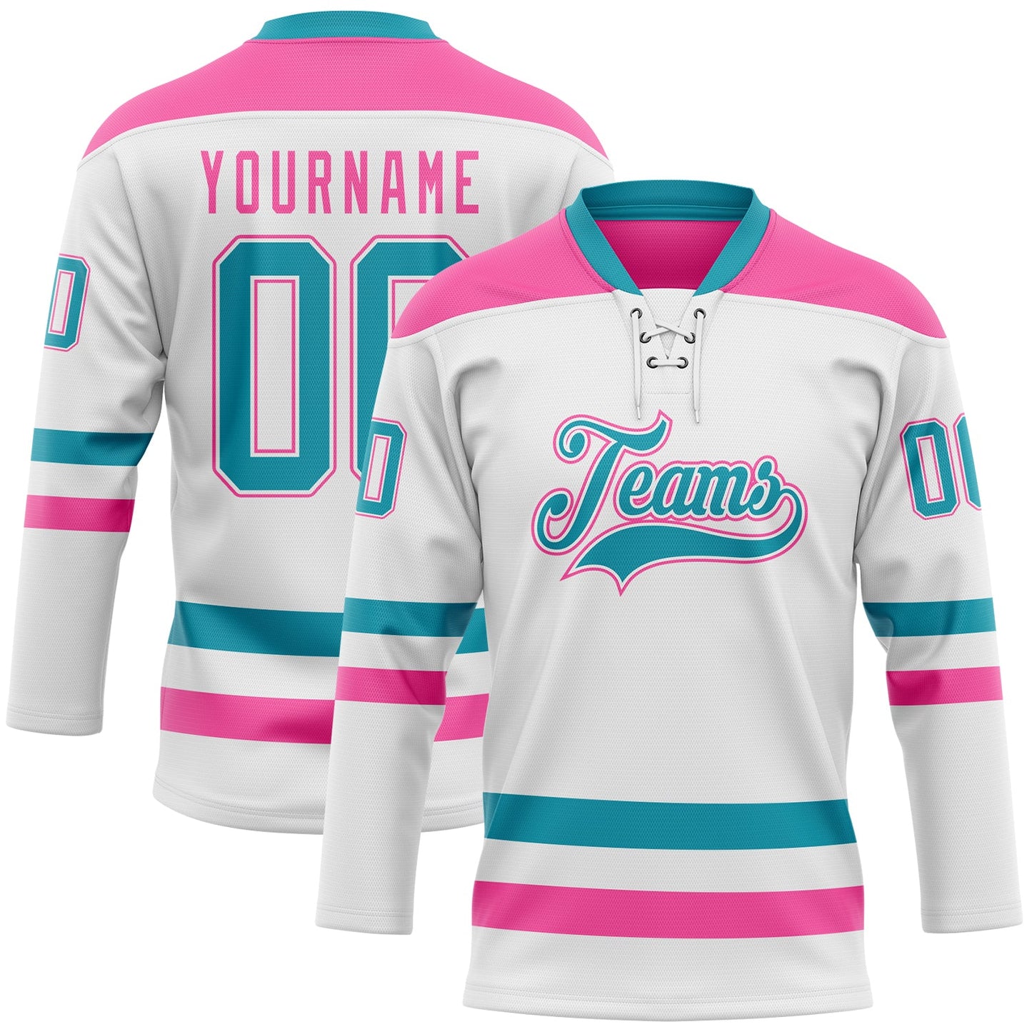 Custom White Teal-Pink Hockey Lace Neck Jersey - Main View
