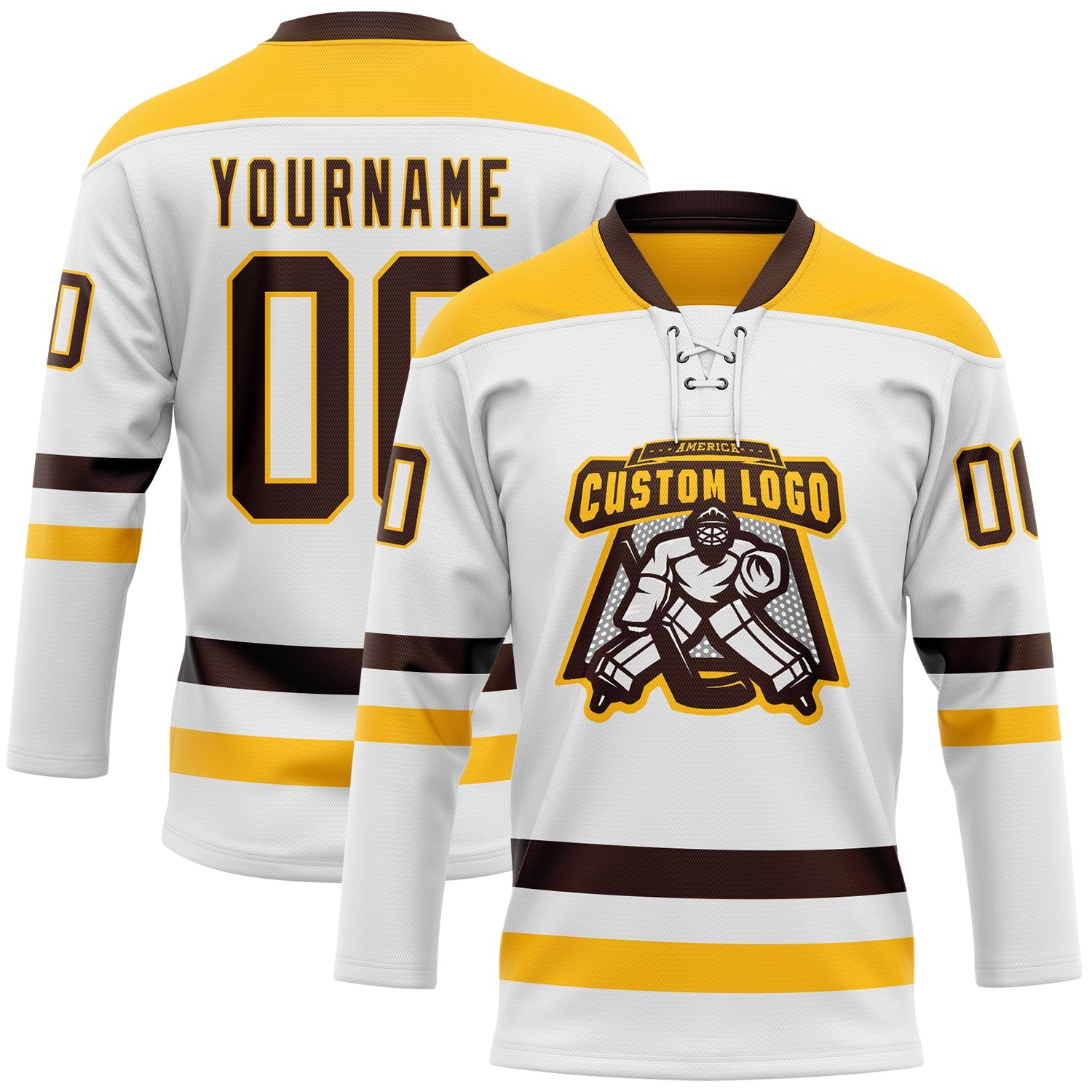 Custom White Brown-Gold Hockey Lace Neck Jersey view 2