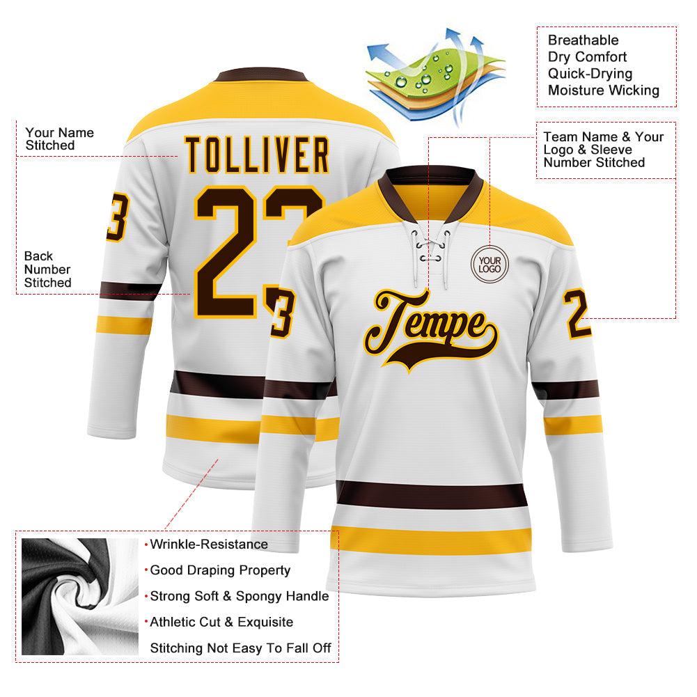 Custom White Brown-Gold Hockey Lace Neck Jersey view 3