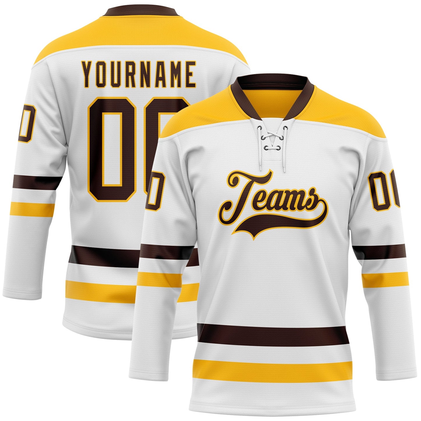 Custom White Brown-Gold Hockey Lace Neck Jersey - Main View