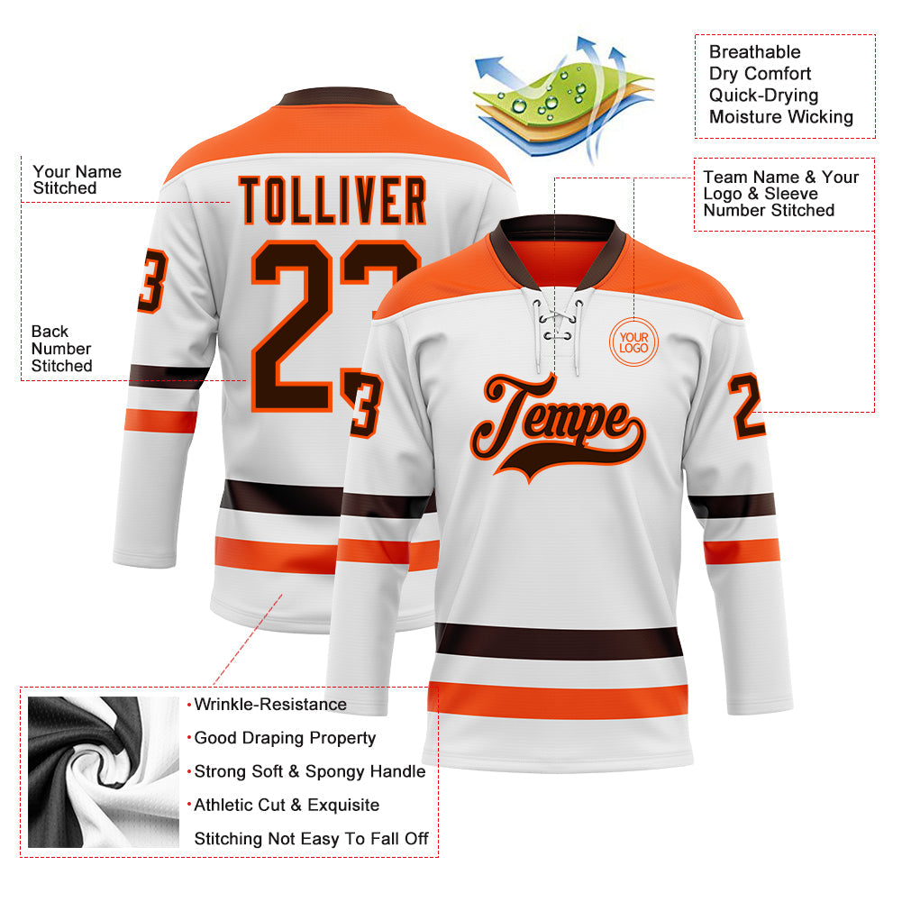 Custom White Brown-Orange Hockey Lace Neck Jersey view 3