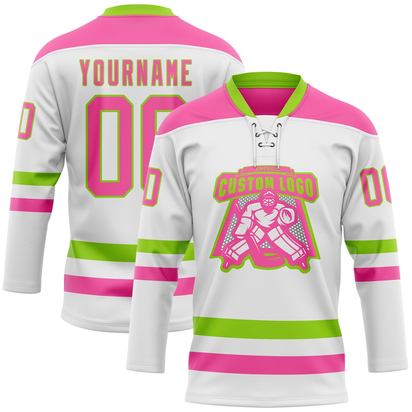 Custom White Pink-Neon Green Hockey Lace Neck Jersey view 2