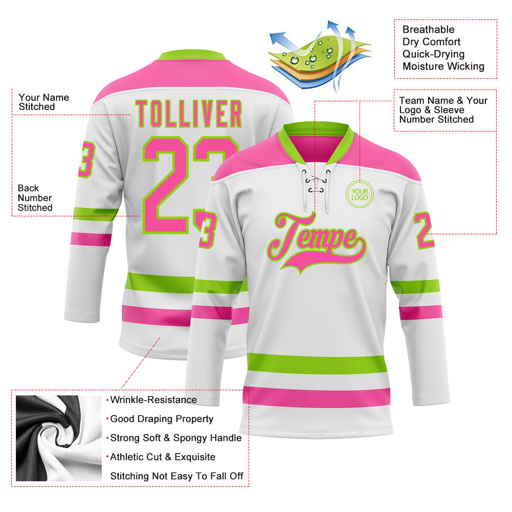 Custom White Pink-Neon Green Hockey Lace Neck Jersey view 3