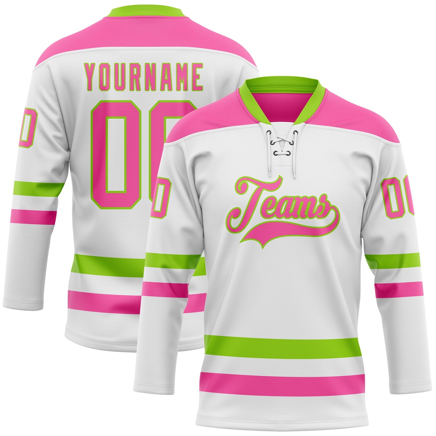 Custom White Pink-Neon Green Hockey Lace Neck Jersey - Main View