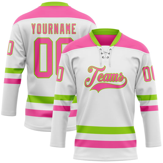 Custom White Pink-Neon Green Hockey Lace Neck Jersey - Main View