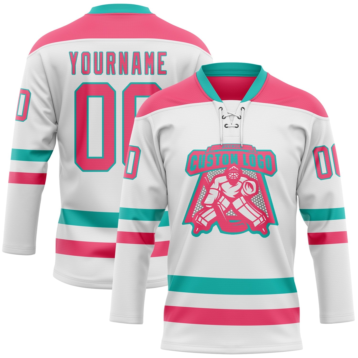 Custom White Neon Pink-Aqua Hockey Lace Neck Jersey view 2