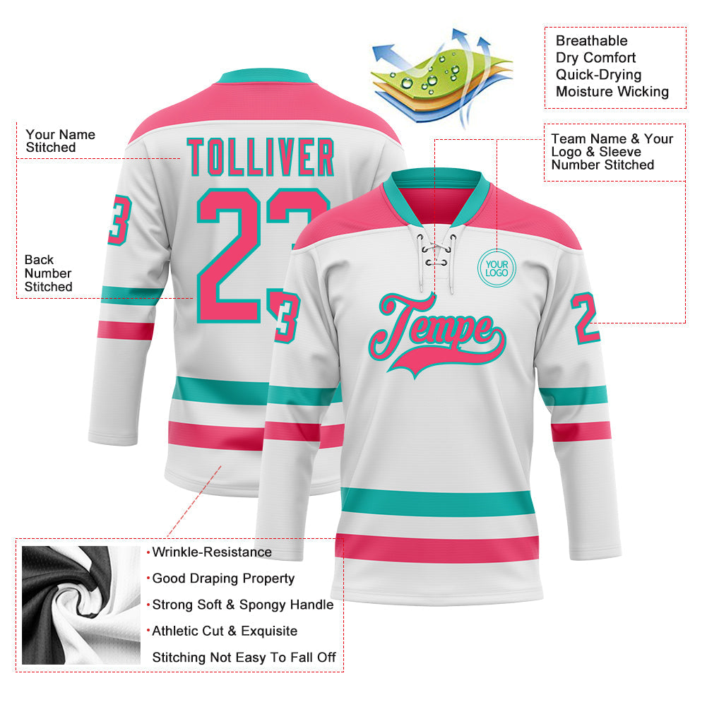 Custom White Neon Pink-Aqua Hockey Lace Neck Jersey view 3