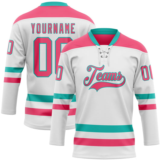 Custom White Neon Pink-Aqua Hockey Lace Neck Jersey - Main View