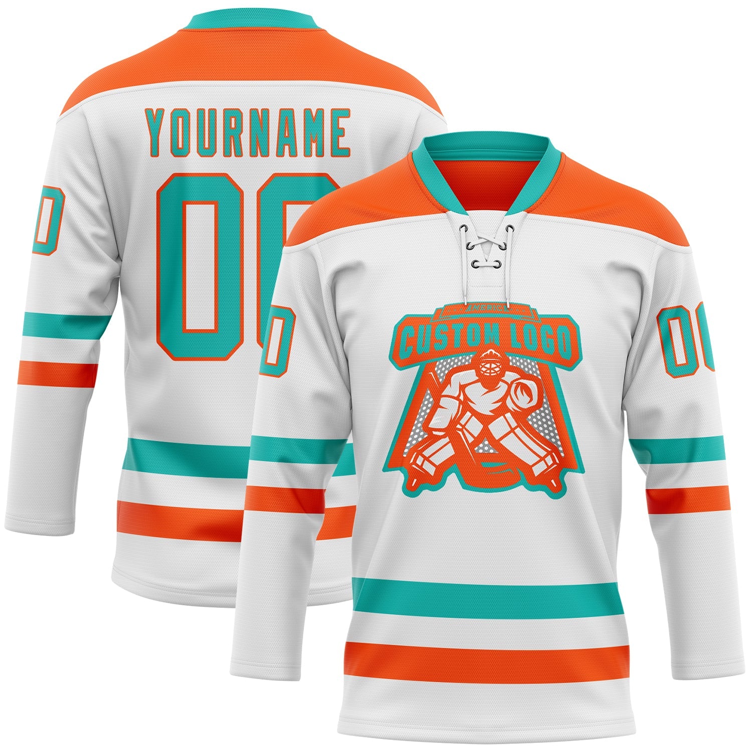 Custom White Aqua-Orange Hockey Lace Neck Jersey view 2