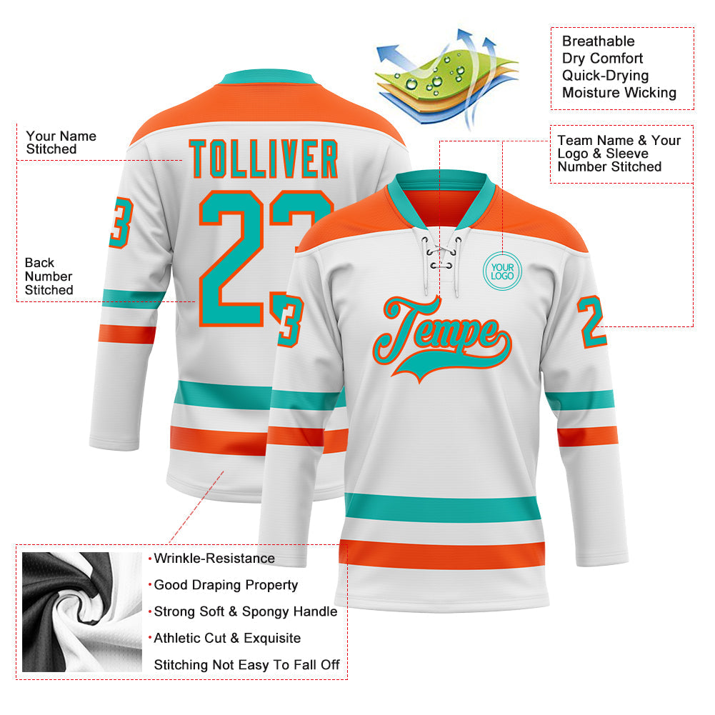 Custom White Aqua-Orange Hockey Lace Neck Jersey view 3