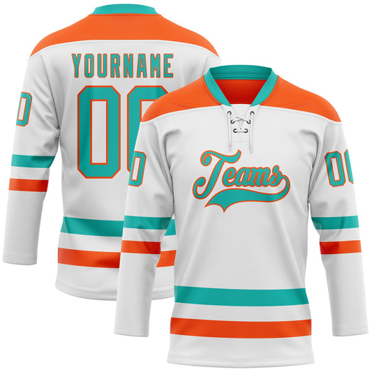 Custom White Aqua-Orange Hockey Lace Neck Jersey - Main View