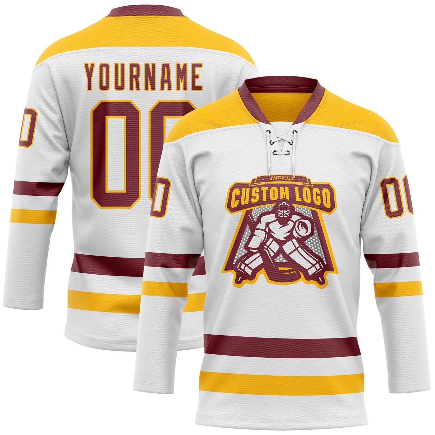 Custom White Burgundy-Gold Hockey Lace Neck Jersey view 2