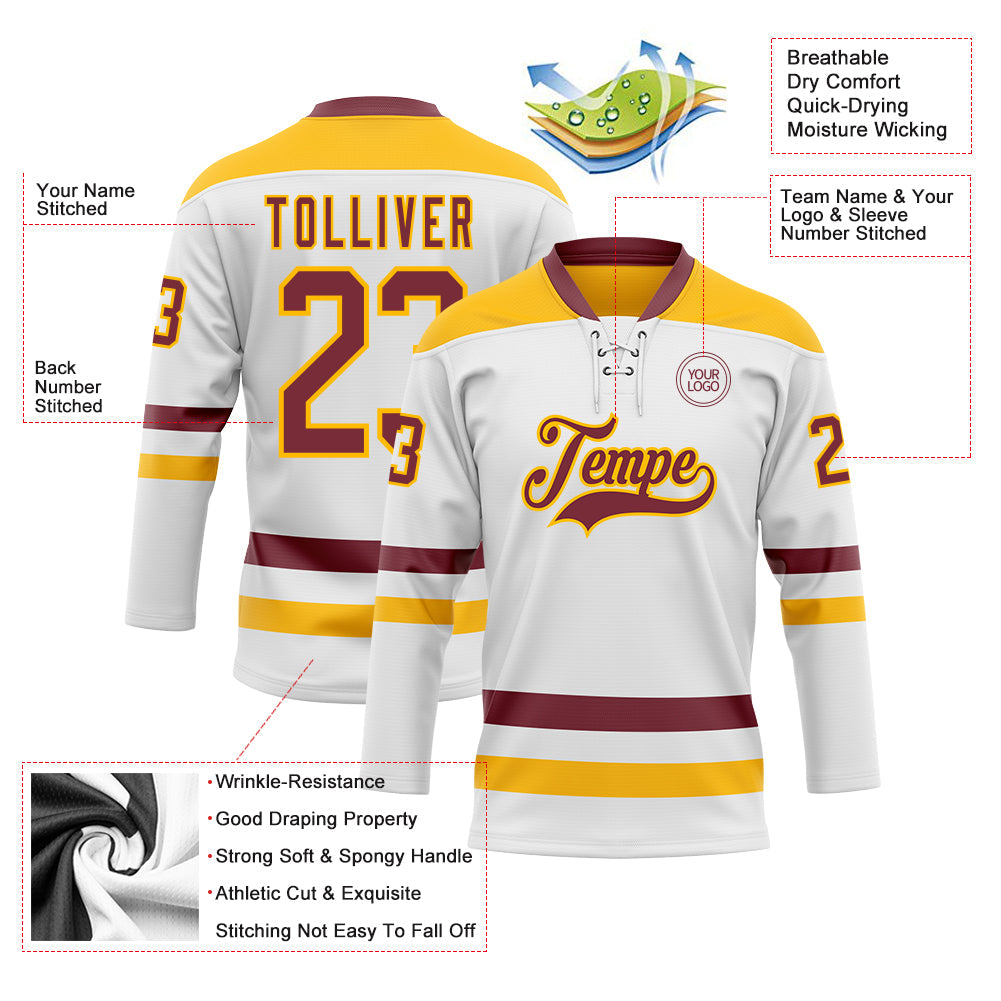 Custom White Burgundy-Gold Hockey Lace Neck Jersey view 3