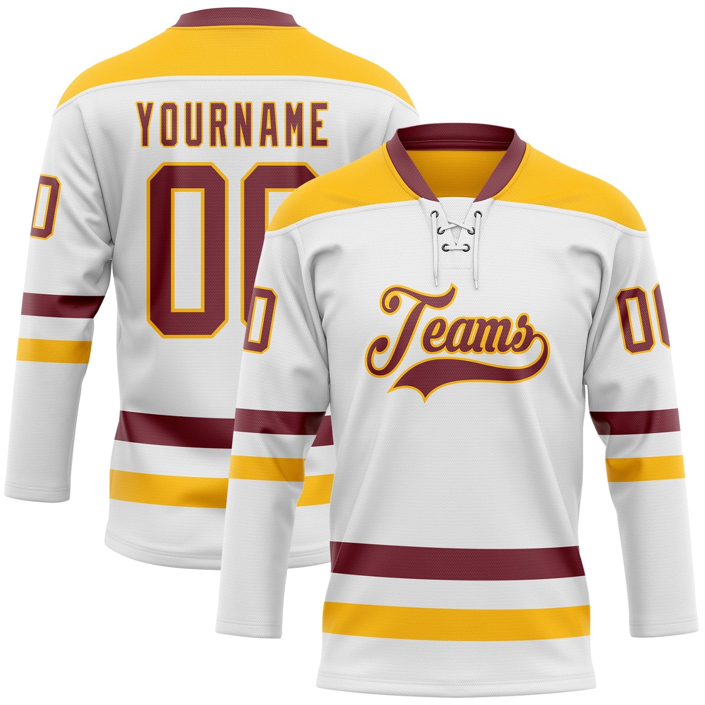 Custom White Burgundy-Gold Hockey Lace Neck Jersey - Main View
