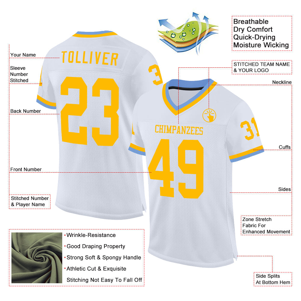 Custom White Gold-Light Blue Mesh Authentic Throwback Football Jersey view 2
