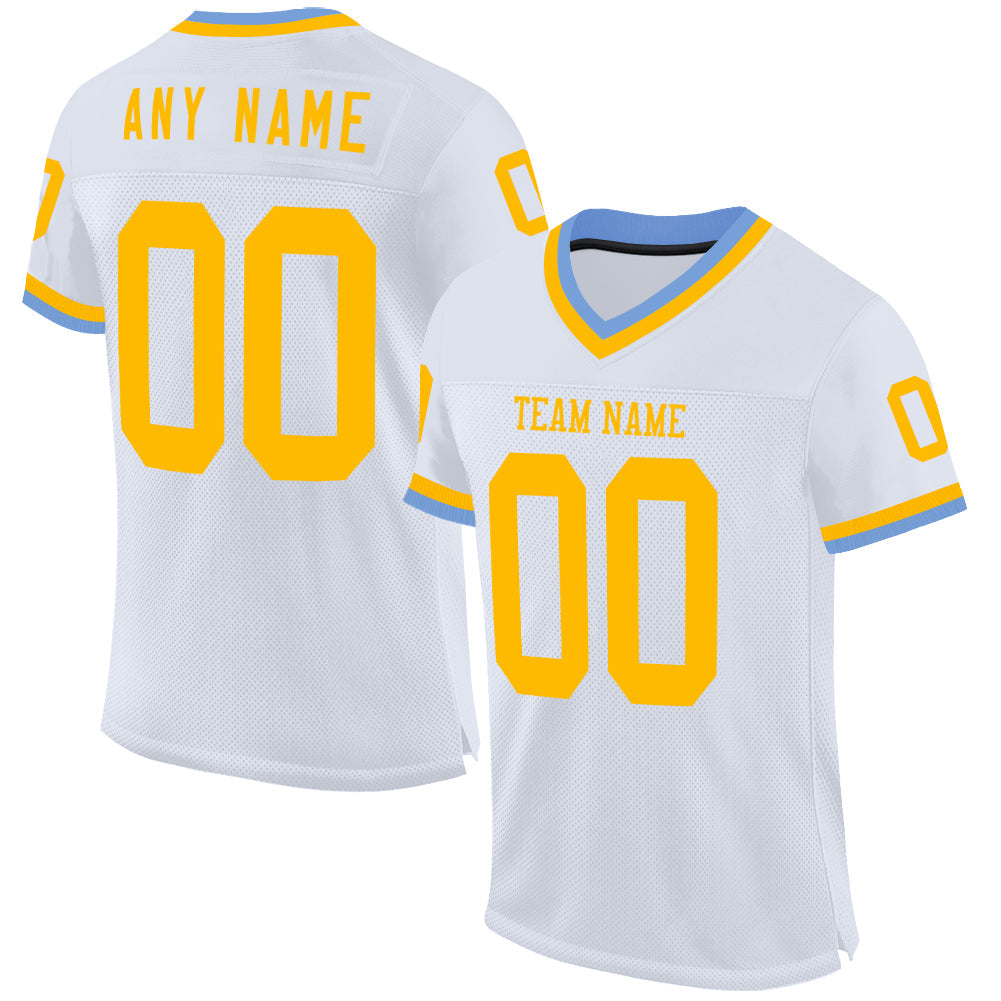 Custom White Gold-Light Blue Mesh Authentic Throwback Football Jersey - Main View