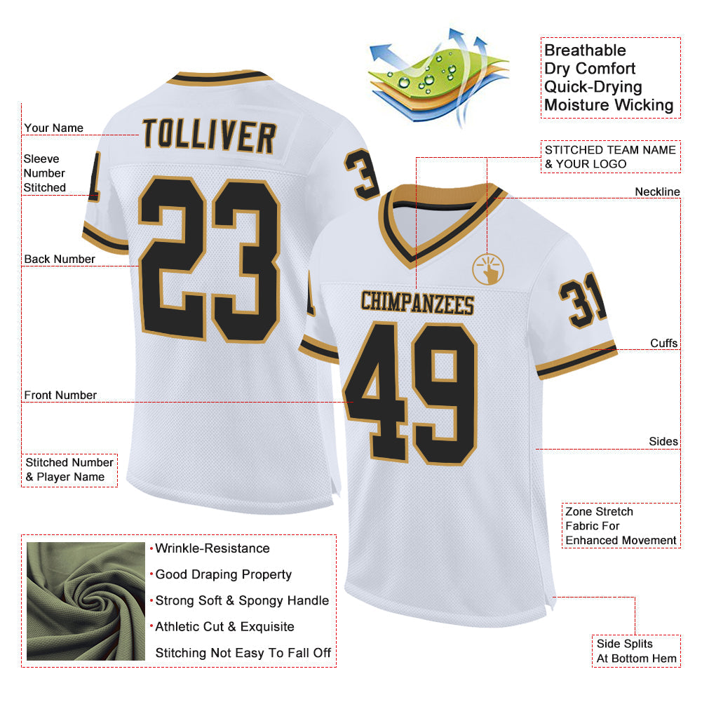 Custom White Black-Old Gold Mesh Authentic Throwback Football Jersey view 2