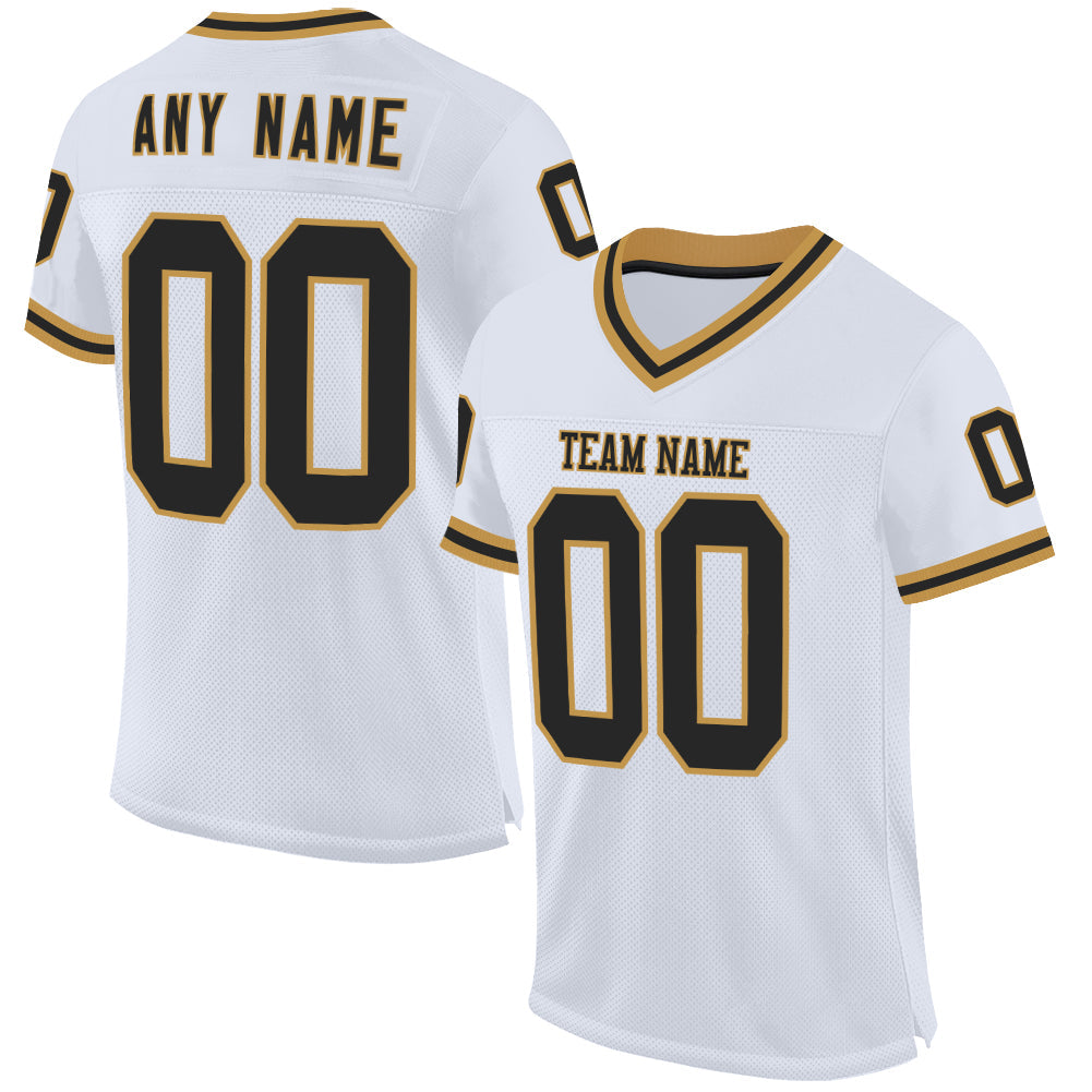 Custom White Black-Old Gold Mesh Authentic Throwback Football Jersey - Main View