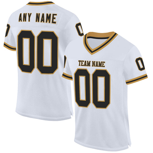 Custom White Black-Old Gold Mesh Authentic Throwback Football Jersey - Main View
