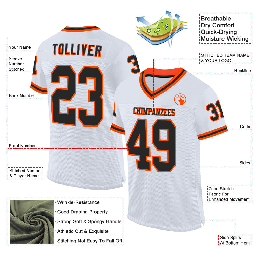 Custom White Black-Orange Mesh Authentic Throwback Football Jersey view 2