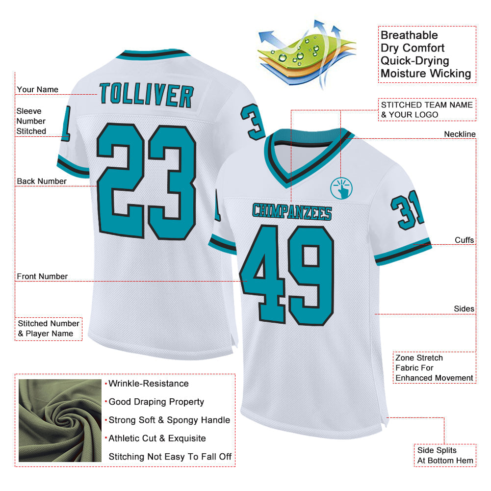 Custom White Teal-Black Mesh Authentic Throwback Football Jersey view 2