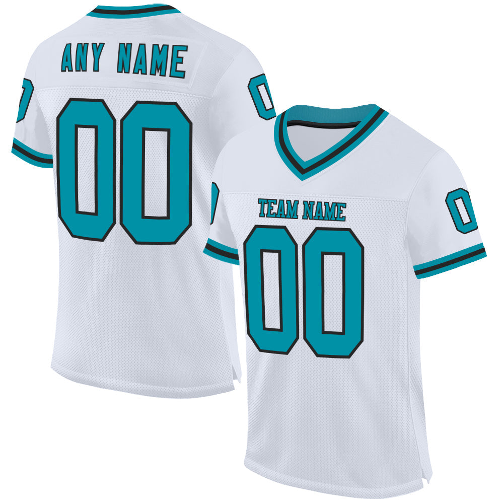 Custom White Teal-Black Mesh Authentic Throwback Football Jersey - Main View
