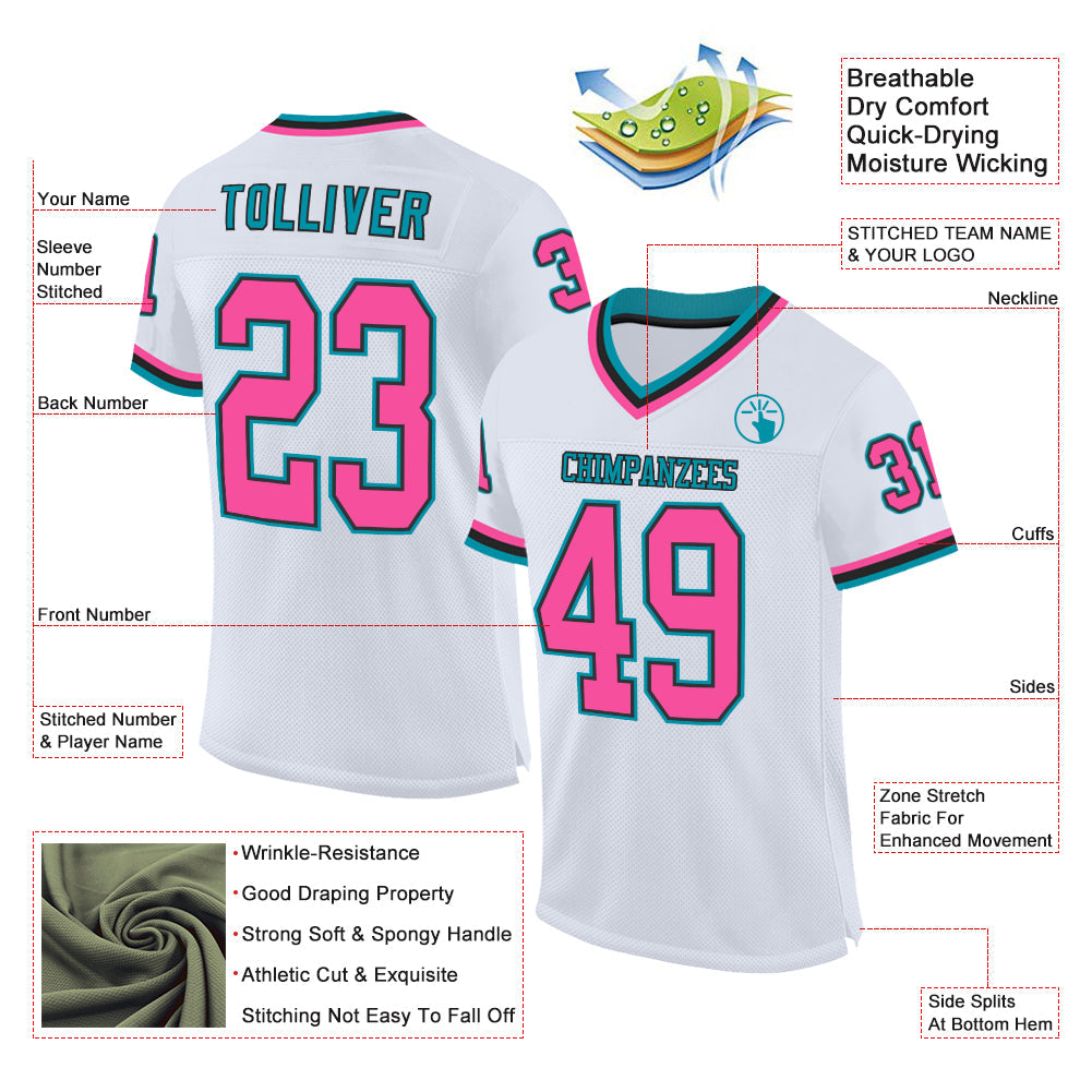 Custom White Pink Black-Teal Mesh Authentic Throwback Football Jersey view 2
