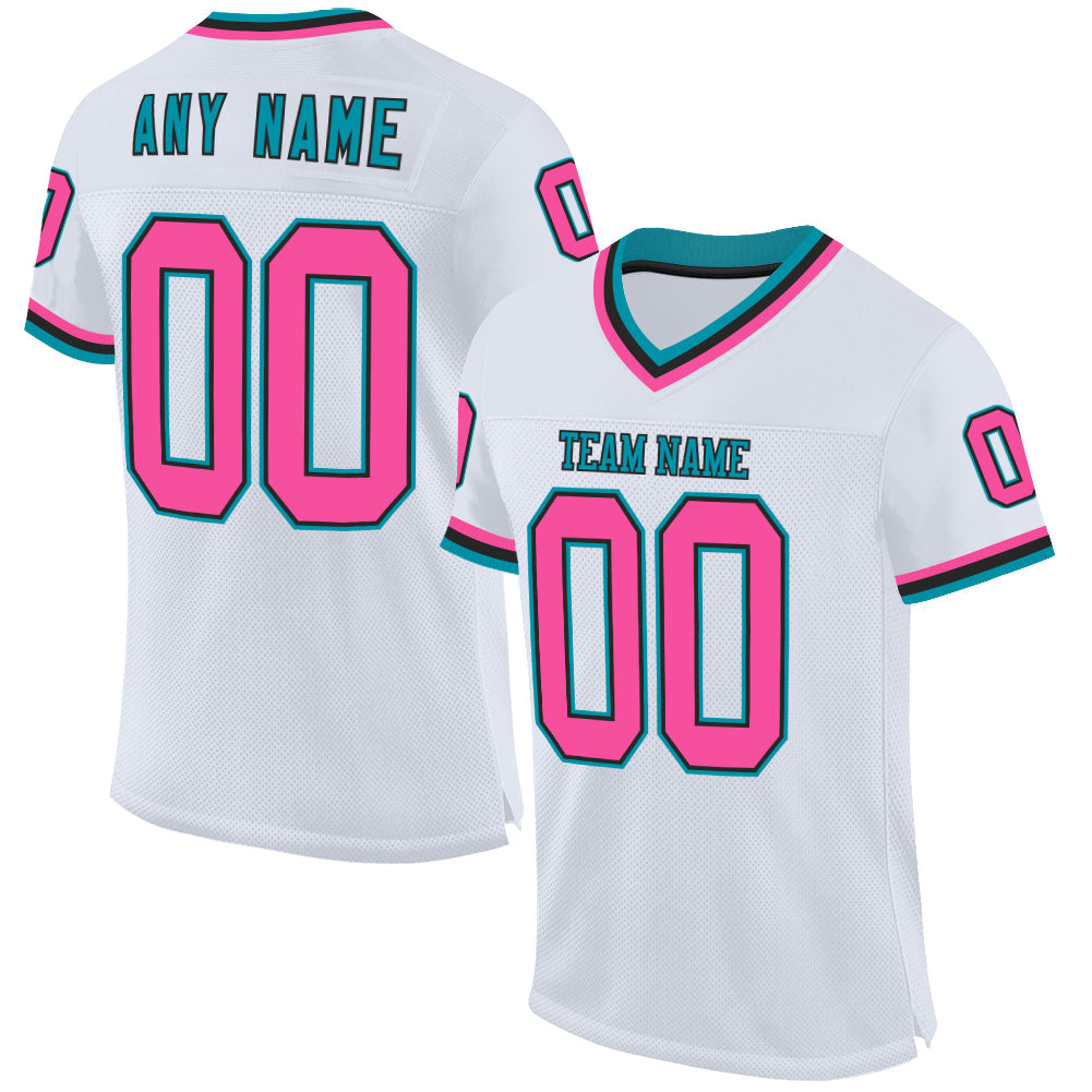 Custom White Pink Black-Teal Mesh Authentic Throwback Football Jersey - Main View