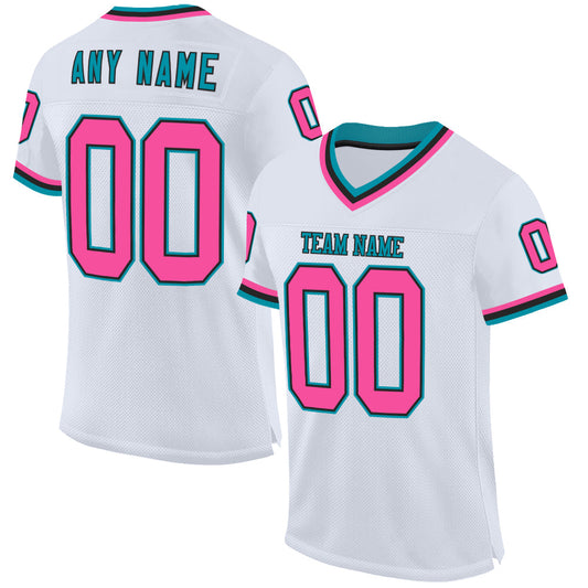 Custom White Pink Black-Teal Mesh Authentic Throwback Football Jersey - Main View