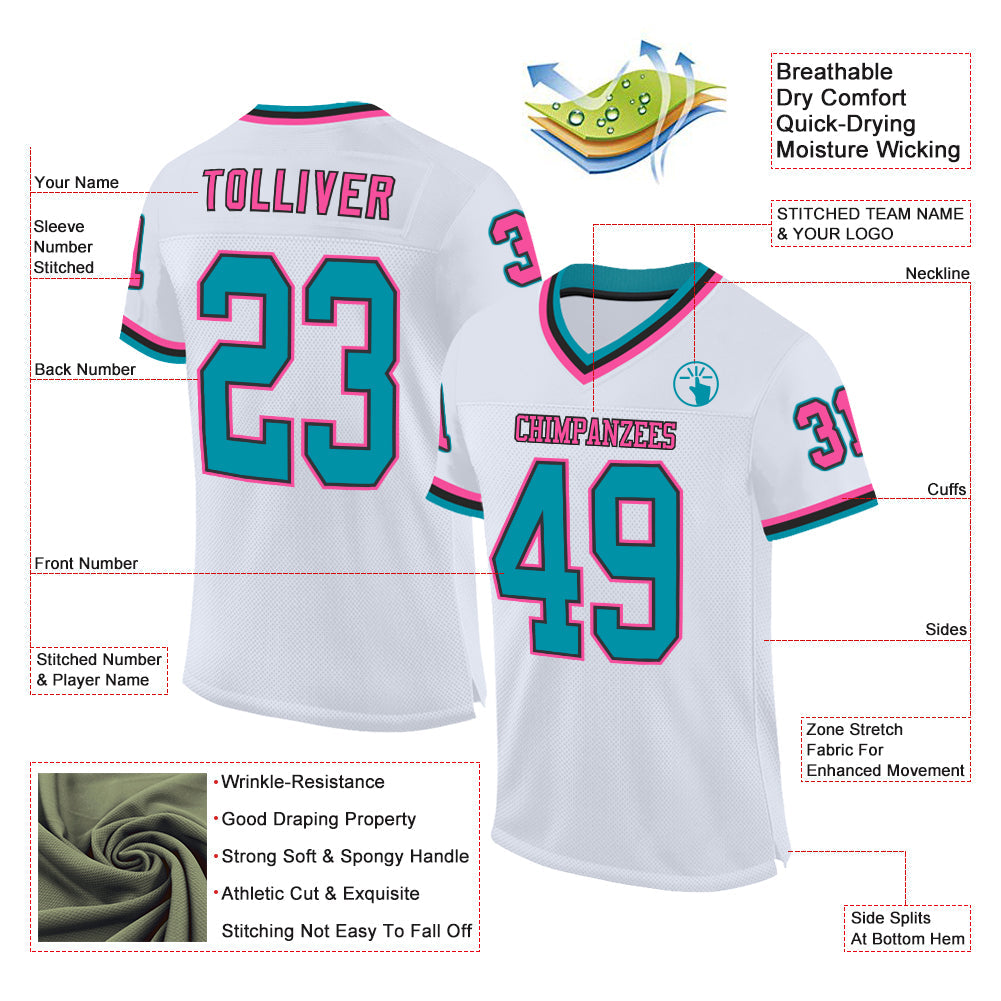 Custom White Teal Black-Pink Mesh Authentic Throwback Football Jersey view 2
